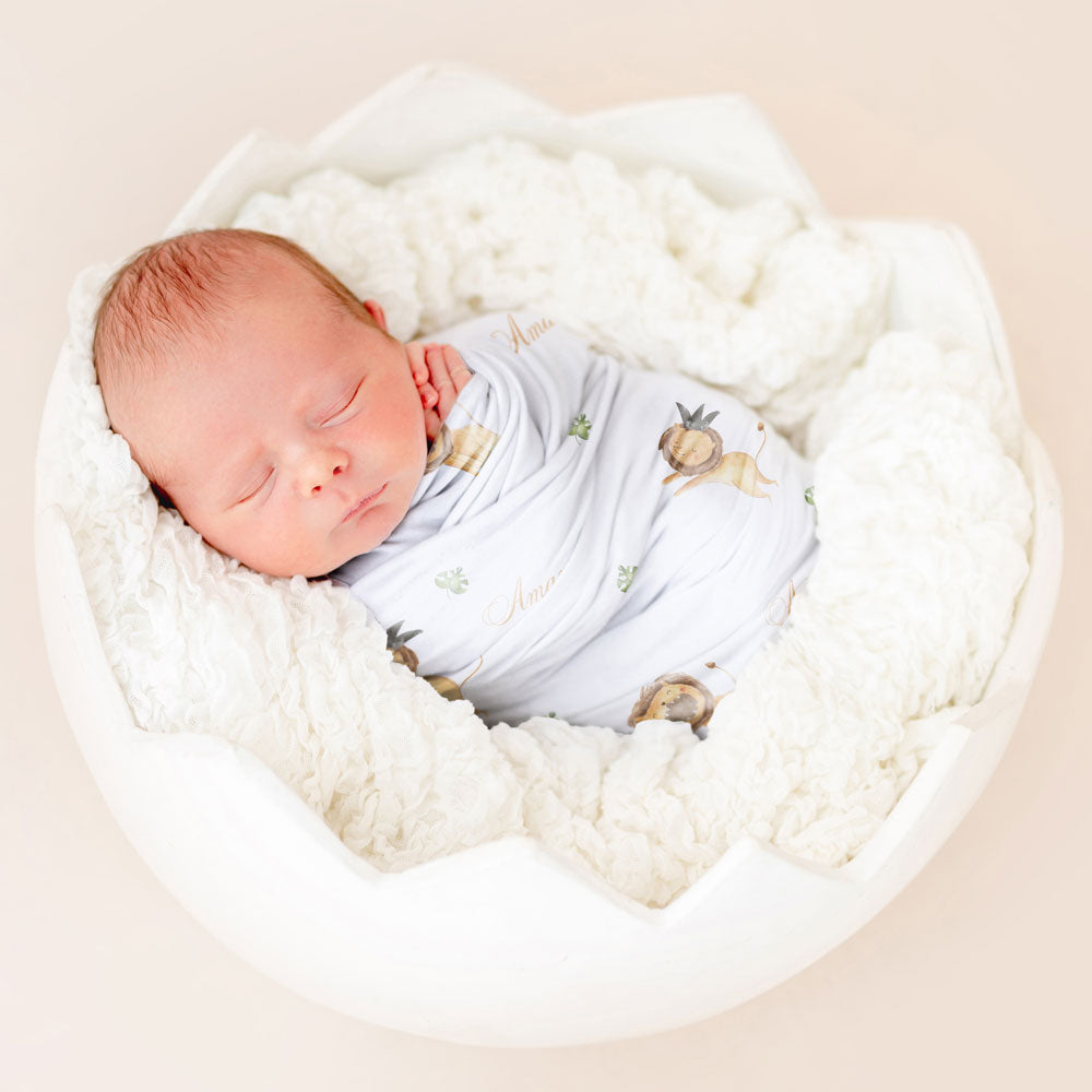 baby wrapped in a personalized baby blanket from lotte tots